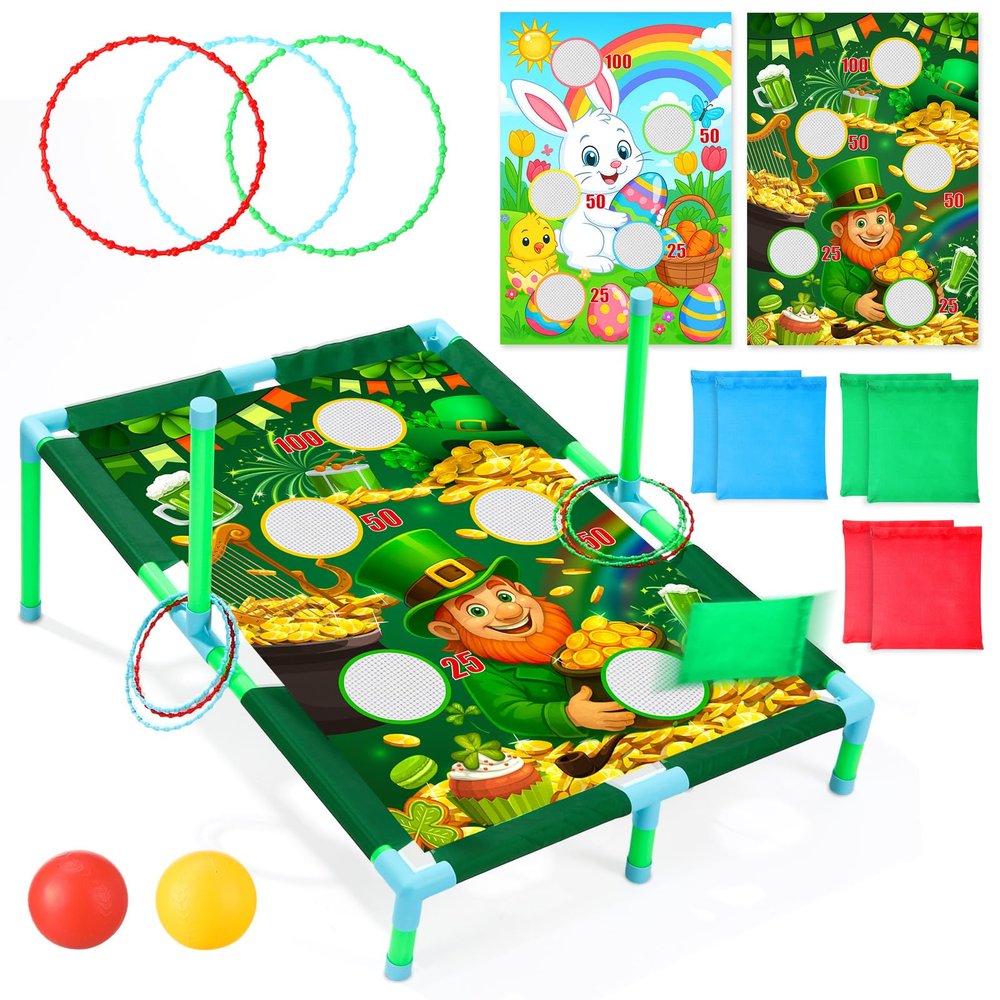 Gemscream 2 Set 3 in 1 St. Patrick's Day Bean Bag Toss with Bean Bags Easter Bunny Portable PVC Framed Cornhole Outdoor Balls Rings Toss Gift for Family Party Supplies Yard Activities