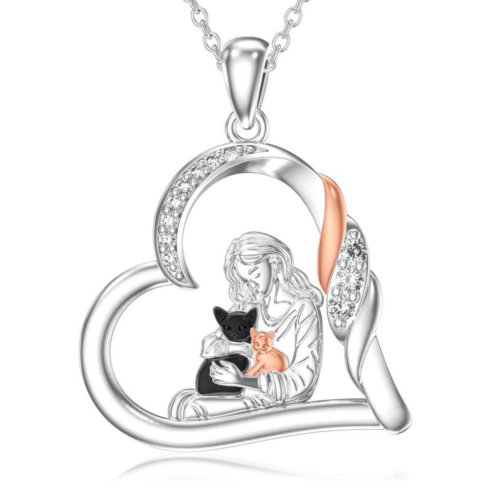 Dorunmo 2 Cat Necklace 925 Sterling Silver Cat Heart Pendant Necklace Cute Animal Jewelry Gifts for Women Sister Mom Wife Lovers