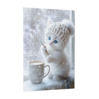 RMYRHQ Winter Kitten&Snowy Cocoa Mug Wood Jigsaw Puzzles Adult 1000piece White Cat with Blue Eyes Knit Hat Frosted Window Snowy Cup for Adults Stress Relief Winter Decor Christmas&Birthday Gifts