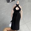 1/12 Scale Female Figure Clothes, Form-Fitting Backless Cheongsam for 6 inch Action Figure, 1/12 Tight Cheongsam Chinese-Style Dress, Bodycon Halter-Neck Cheongsam (Pure Black) view 1