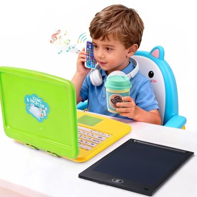 Kids Pretend Play Toys-Toddler Pretend Play Home Office Playset with Toy Laptop & Phone LCD Writing Tablet Headset & Toddlers Beverage Cup Birthday Gifts for Boys Girls Age 3-5-7