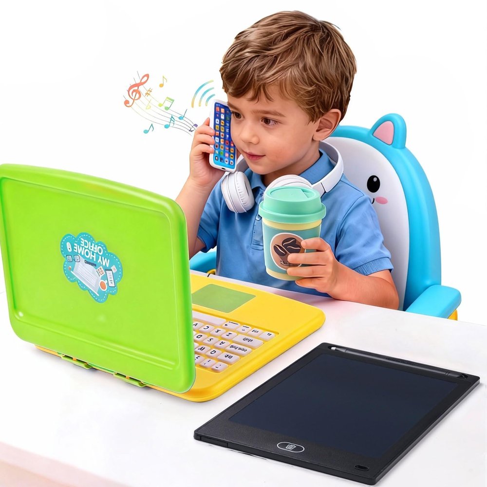 Kids Pretend Play Toys-Toddler Pretend Play Home Office Playset with Toy Laptop & Phone LCD Writing Tablet Headset & Toddlers Beverage Cup Birthday Gifts for Boys Girls Age 3-5-7