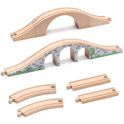 SainSmart Jr. 9 Pcs Wooden Train Track Expansion with Bridge, Wood Train Track Pieces Compatible with Thomas, Brio, Chuggington Sturdy Hardwood for Long-Lasting Play, Ideal Gift for Kids 3-7