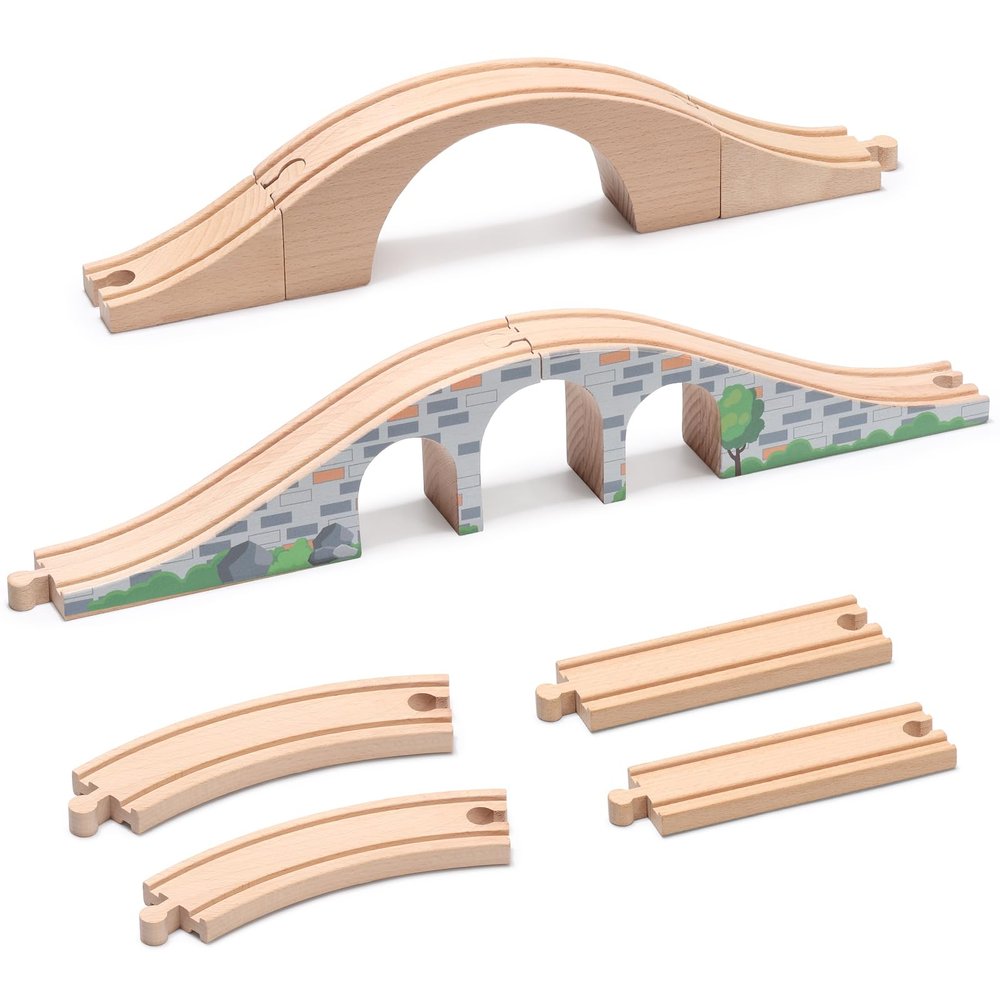 SainSmart Jr. 9 Pcs Wooden Train Track Expansion with Bridge, Wood Train Track Pieces Compatible with Thomas, Brio, Chuggington Sturdy Hardwood for Long-Lasting Play, Ideal Gift for Kids 3-7