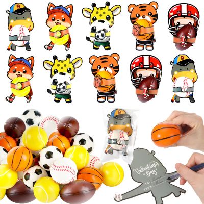 24-Pack Valentine's Day Sports Gift Cards Party Favors with Mini Sports Balls for Classroom Exchange Prizes, Squeeze Foam Balls, Stress Relief / Anxiety Relief, Goodie Bag Stuffer, School for Kids