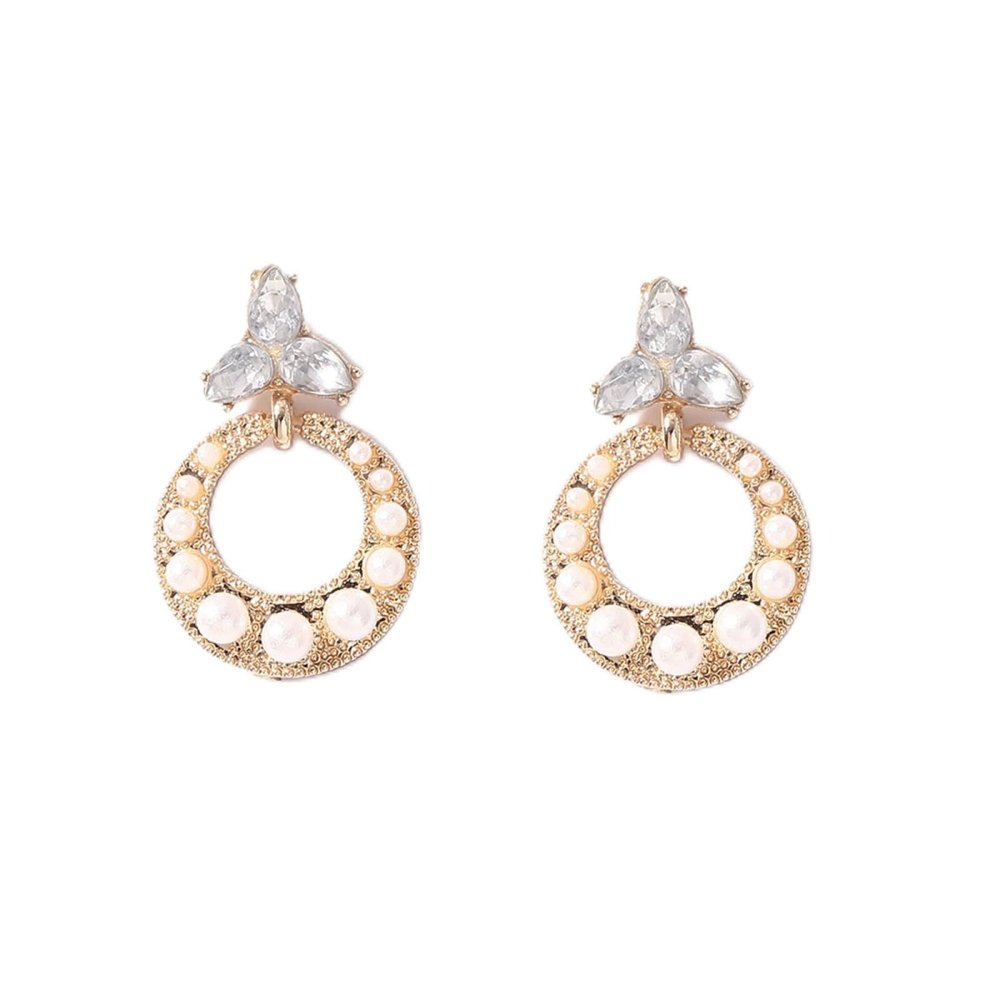 2.8 * 1.7cm Hollow Out Circle Inlaid With Pearls, Retro Geometric Alloy Earrings For Women,golden,2.8 * 1.7cm