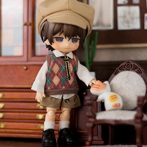 1/12 Scale Student Sweatshirt Suit School Cardigan Set Uniform Outfit Clothing for 6-inches Action Figure, Including Beret & Long-Sleeved Shirt & Tie & Waistcoat & Shorts (Green-Coffee, Male)
