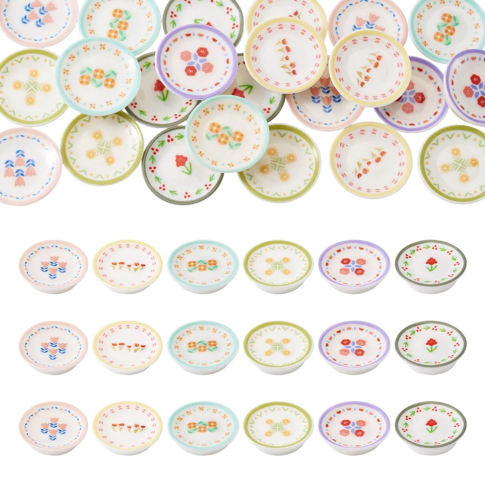 Magibeads 24Pcs Miniature Flower Plate Dollhouse Accessories Resin Mini Tableware Imitation Ceramic Bowl Tiny Dishes Ornaments Micro Landscape Decorations Garden Home Party Decorations Crafts Supplies