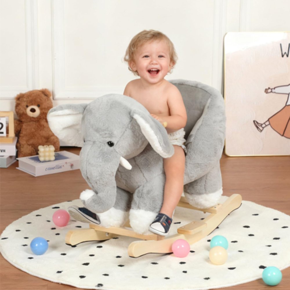Kids Ride-On Rocking Horse Toy with Lullaby Song, Toddler Rocking Chair, Wooden Soft Plush Ride-on with Hand Puppets and Safety Belt, Interactive Toy for Children 1-3 Years, CPC Certified (Grey)