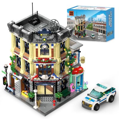 AsmrCap City Police Station Building Set for Boys, Police Station Toy with Police Car, Four-Floor Police Station with Office, Interrogation Room, Rooftop Radar, Coffee Shop, 2066PCS