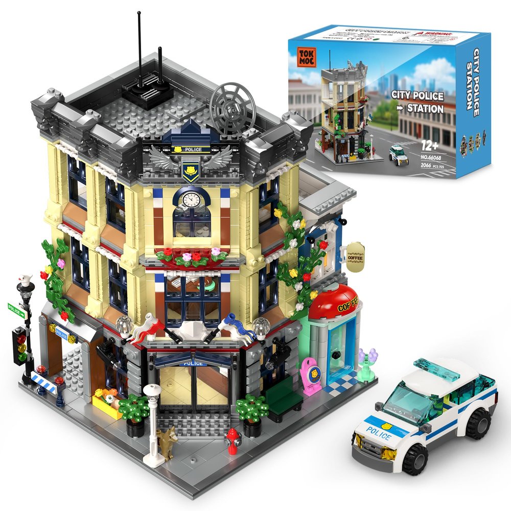 AsmrCap City Police Station Building Set for Boys, Police Station Toy with Police Car, Four-Floor Police Station with Office, Interrogation Room, Rooftop Radar, Coffee Shop, 2066PCS