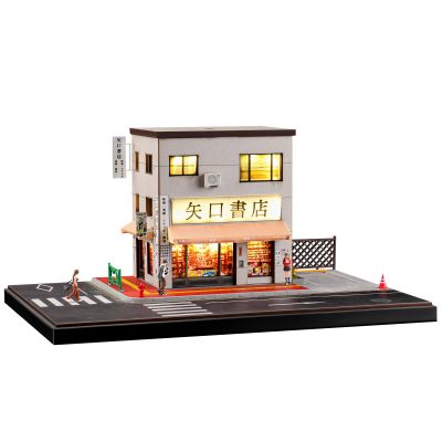 kivmcds 1/64 Hot Die Cast Wheel Display Case,Car Model Display Stand for Matchbox Cars,Miniature Parking Lot with Lighting (Bookstore Scene)