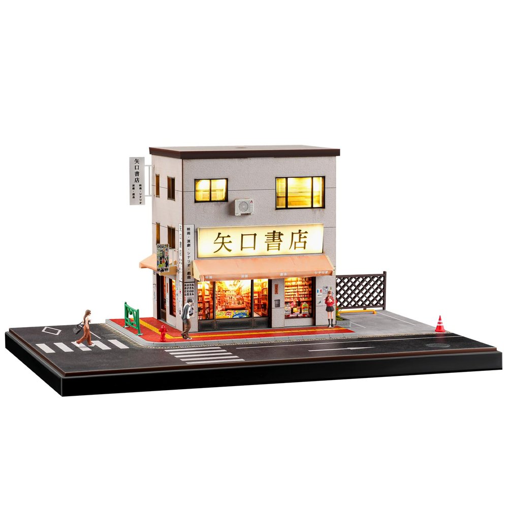 kivmcds 1/64 Hot Die Cast Wheel Display Case,Car Model Display Stand for Matchbox Cars,Miniature Parking Lot with Lighting (Bookstore Scene)