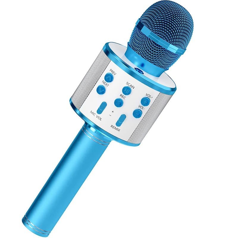 NiceGo Wireless Bluetooth Karaoke Microphone for Kids, 5-in-1 Portable Handheld Karaoke Mic Speaker Player Recorder with Adjustable Remix for Kids Girls Boys Teens Birthday (Blue)