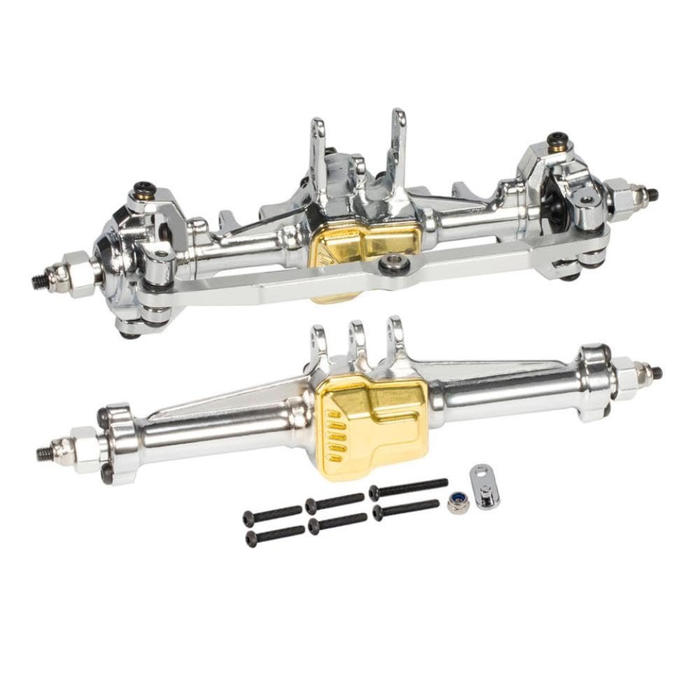 1 Set Metal Front and Rear Complete Axles for 1 18 RC Car Crawler Compatible with RC Car Models K10 Chassis Upgrade Parts(Gold Silver)
