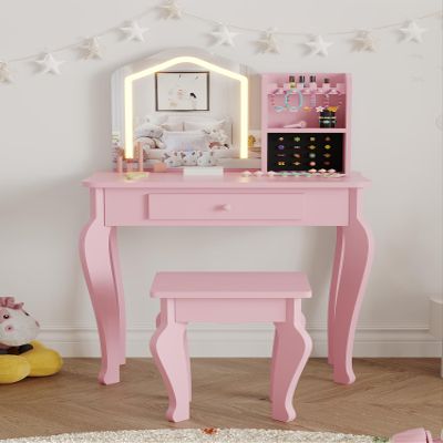 Joyspirit White Kids Vanity with Mirror and Stool, Girls Vanity with Light, Princess Makeup Table and Playset