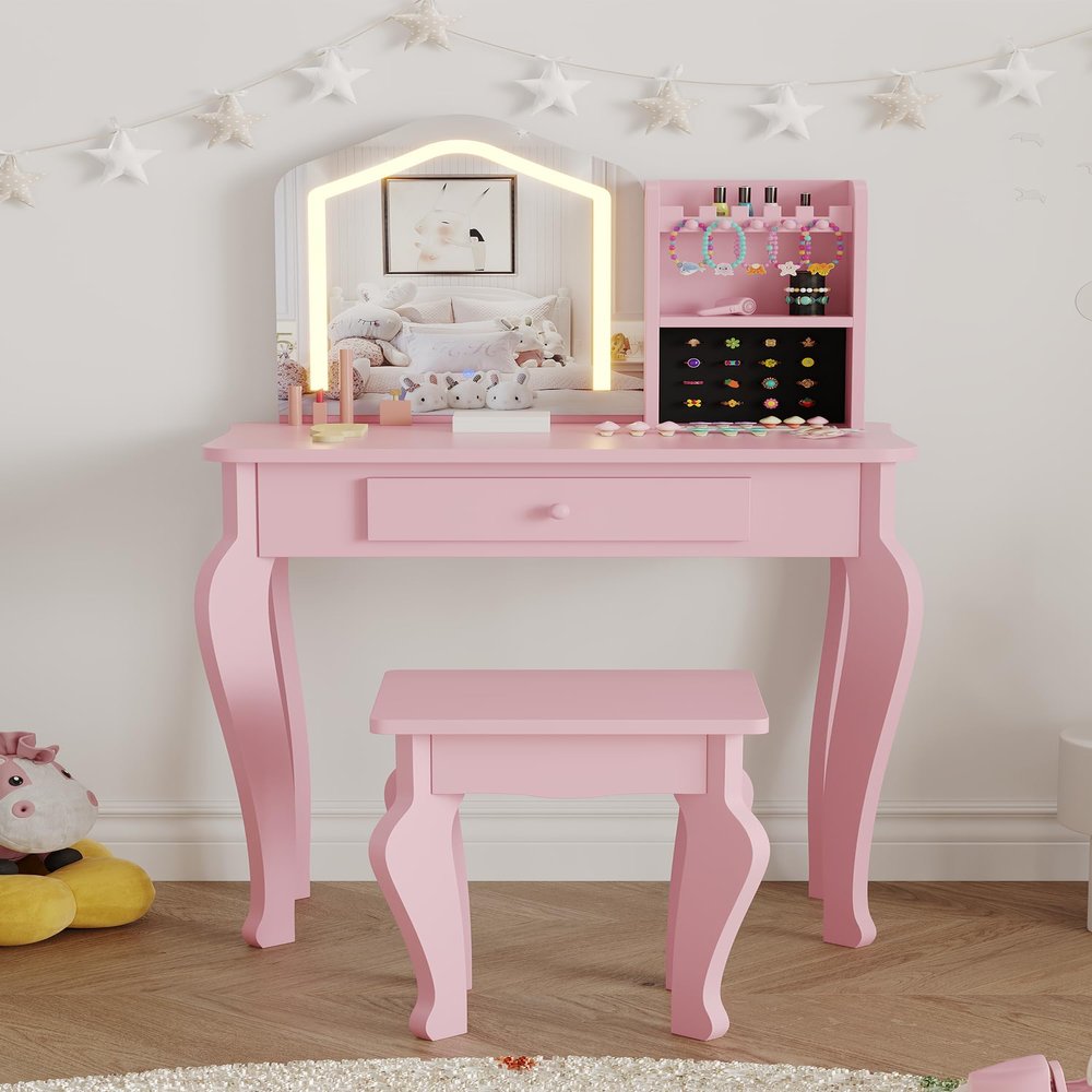 Joyspirit White Kids Vanity with Mirror and Stool, Girls Vanity with Light, Princess Makeup Table and Playset