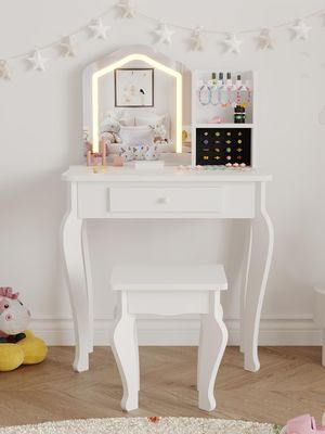 Joyspirit Pink Kids Vanity with Mirror and Stool, Girls Vanity with Light, Princess Makeup Table and Playset