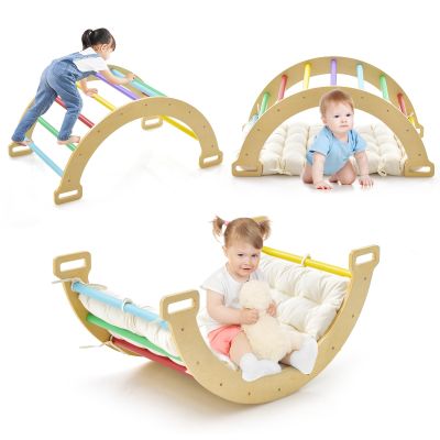 INFANS Wooden Arch Climber Rocker with Soft Cushion, 4 in 1 Montessori Climbing Ladder Toys for Toddlers, Waldorf Indoor Baby Children Ladder Gym Learning Playset Gift for Kids Boys Girls