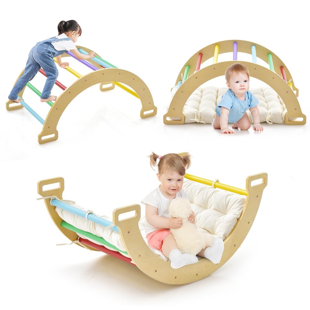 INFANS Wooden Arch Climber Rocker with Soft Cushion, 4 in 1 Montessori Climbing Ladder Toys for Toddlers, Waldorf Indoor Baby Children Ladder Gym Learning Playset Gift for Kids Boys Girls