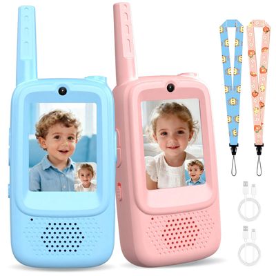 Video Walkie Talkies for Kids, Handheld 2 Pack Rechargeable Kids Walkies Talkies, Indoor Outdoor Toys for Camping, Travel, Hiking, Christmas Birthday Gifts for Boys Girls Ages 3-12 (Blue/Pink)