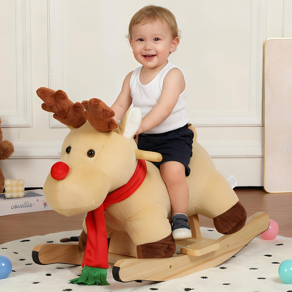 Baby Rocking Horse, Toddler Rocking Toy with Lullaby Song, Moose Wooden Horse with Hand Puppets & Safety Belt for Baby Boys Girls Nursery/Child Christmas Birthday Gift (Apricot)