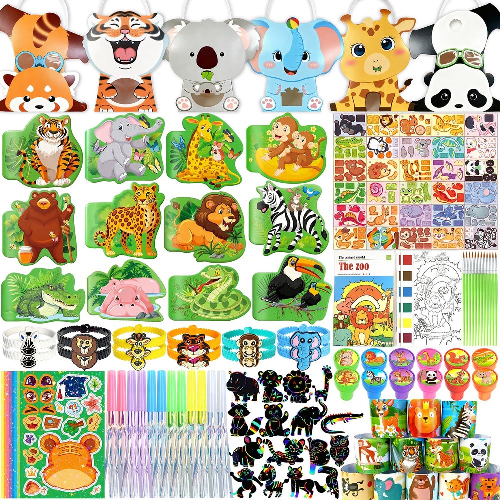156Pcs Jungle Safari Party Favors for Kids, Zoo Animals Birthday Party Decorations Supplies Kit for Wild One Baby Shower, Goodie Bags Fillers , Classroom Prizes, Wild Animals Themed Party Supplies