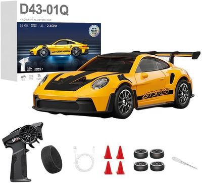 1:43 Scale Mini RC Drift Car, 4WD Alloy RC Drift Racing Car with Gyro & LED Lights, 2.4G Proportional 20km/h Speed Remote Control Vehicle for Adults