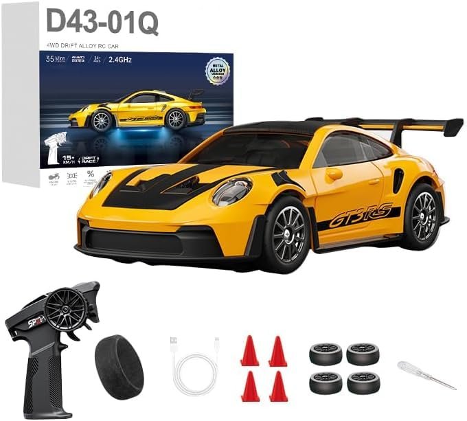 1:43 Scale Mini RC Drift Car, 4WD Alloy RC Drift Racing Car with Gyro & LED Lights, 2.4G Proportional 20km/h Speed Remote Control Vehicle for Adults