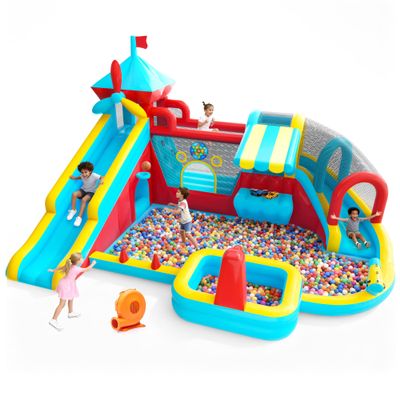 Inflatable Bounce House with Double Slide, 10 in 1 Large Bounce Castle with 750W Blower, Jumping, Splash Pool, Climbing Wall, Toy Stand, Water Cannon, Basketball, Tunnel, Outdoor, Indoor, Blue