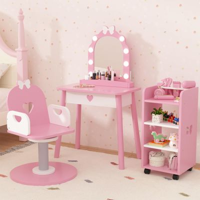 IdeaKey Pretend Hair Salon Station with Barber Chair Toddler Vanity Table Chair Set with Mirror and Wooden Play Set Makeup Dressing Vanity Table with Storage Shelf