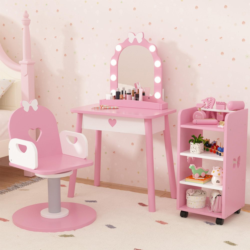 IdeaKey Pretend Hair Salon Station with Barber Chair Toddler Vanity Table Chair Set with Mirror and Wooden Play Set Makeup Dressing Vanity Table with Storage Shelf