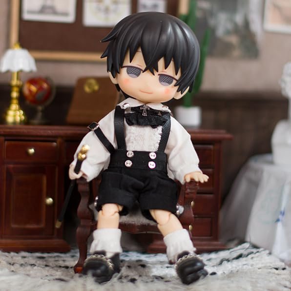 1/12 Scale Figure Gothic Set Clothing, School Boy White Short-Sleeved Shirt & Black Suspenders Shorts Suit for 6-inches Action Figure BJD Doll (L)