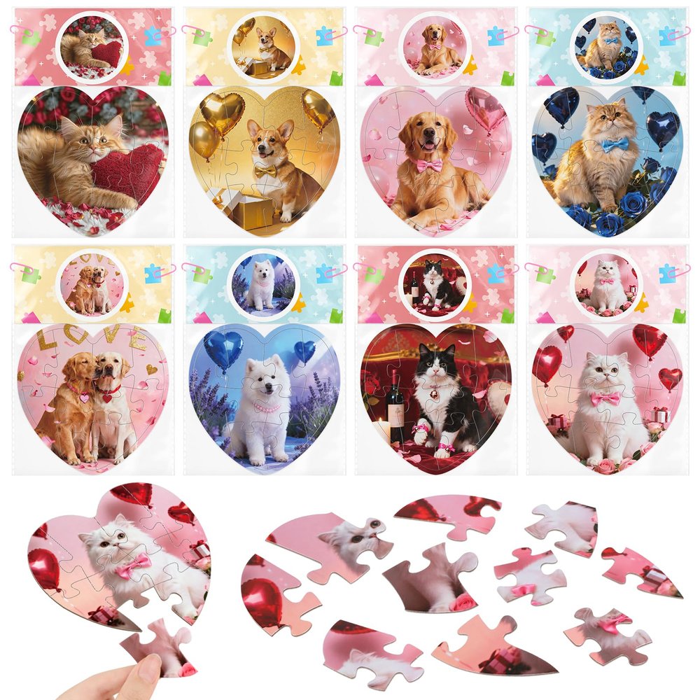 24 Packs Valentines Day Puzzles with Dog Pet Jigsaw Puzzles Valentines Day Card for Children Adults Men Women Lovers Party Supplies
