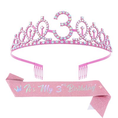 Adjustable Glittered Tiaras Headbands Matching Sash Set Girls Birthday Party Accessories Princesses Themed Birthday Party Decors