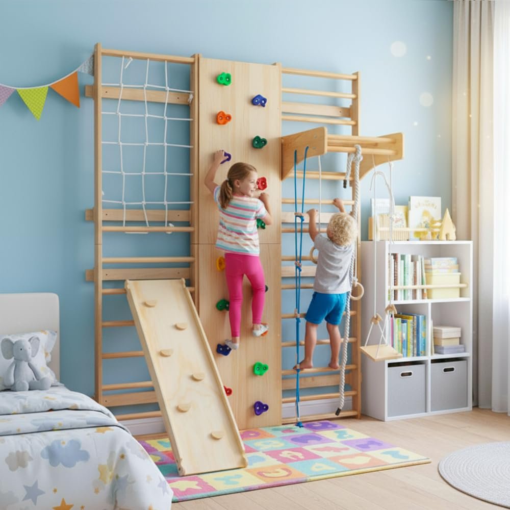 10-in-1 Indoor Wall Climbing Gym for Kids & Family  Wood Swedish Ladder with Slide, Rope Ladder, Rings, Swing, Pull-Up Bar & Climbing Net  Space-Saving Play & Fitness Station (10-in-1+ Wood)