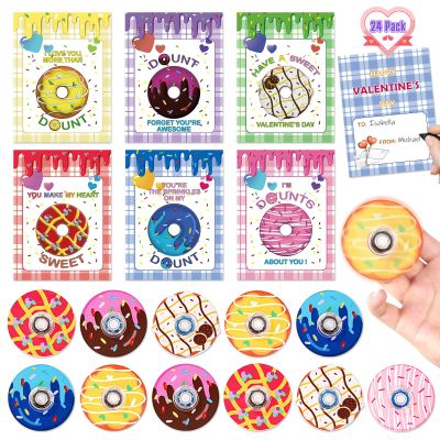24 Pack Valentines Day Cards for Kids, Donut Fidget Spinner Toy with Greeting Cards, Valentine's Day Gifts for Kids, Valentine Kids Party Favor, School Classroom Exchange Prizes for Boys Girls