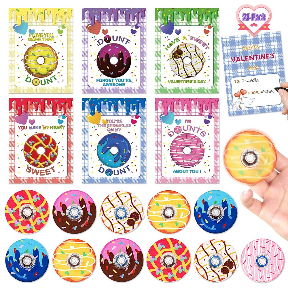 24 Pack Valentines Day Cards for Kids, Donut Fidget Spinner Toy with Greeting Cards, Valentine's Day Gifts for Kids, Valentine Kids Party Favor, School Classroom Exchange Prizes for Boys Girls
