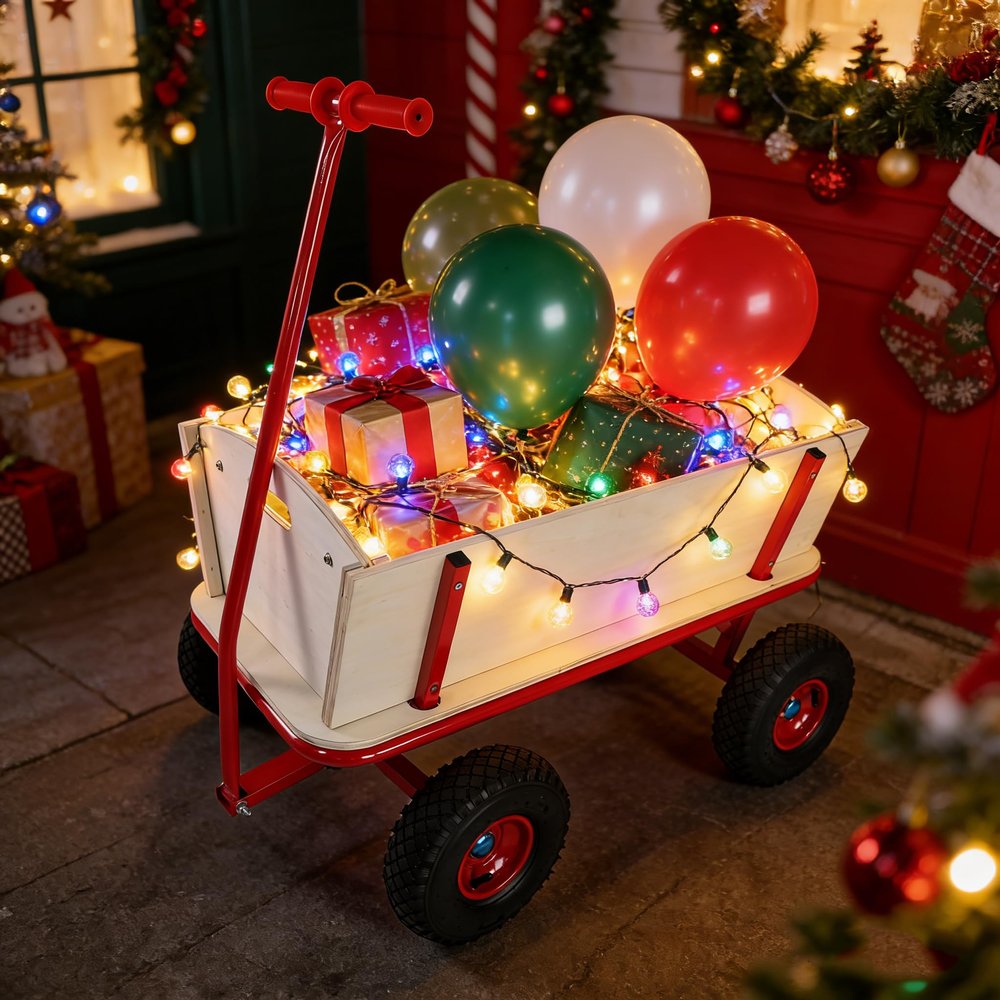 Wooden Carriage Four-Wheel Children's Stroller with Red Metal Push Rod and Load-Bearing Frame,Kids & Pet Wagon for Outdoor Venues Such as Courtyards and Parks,Light Wood Finish