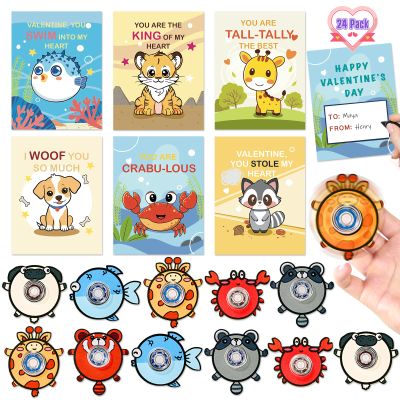 24 Pack Valentines Day Cards for Kids, Animal Fidget Spinner Toys with Greeting Cards, Valentine's Day Gifts for Kids, Valentine Kids Party Favor, School Classroom Exchange Prizes for Boys Girls