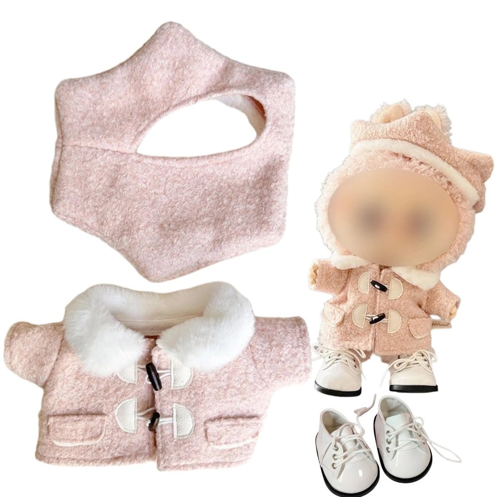 Compatible with Labubu Fits 38cm Art Elegant Wool Blend Winter Outfit Set-Includes Fur-Trimmed Coat, 6-Panel Beret & Lace-Up Boots (Blush Pink)