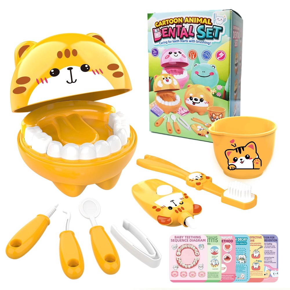 Nilez Dentist Pretend Play Set Doctor Kit with Educational Cards for Kids 14-Piece Medical Kits Role Play Game Cute Cartoon Gift for Girls and Boys (Kitten)