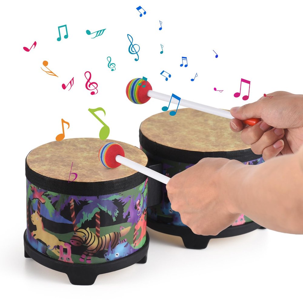 BRRNOO 6-inch and 5-inch Floor Drum Percussion Instrument with 2 Mallets for Christmas Birthday Musical Instrument Play