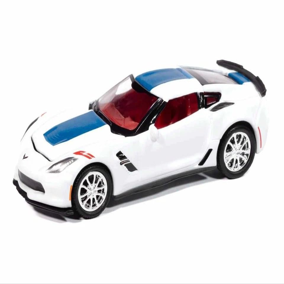 2018 Grand Sport Arctic White with Blue Stripe and Red Interior Sports Cars Series 1/64 Diecast Model Car by Auto World 64452-AWSP176A