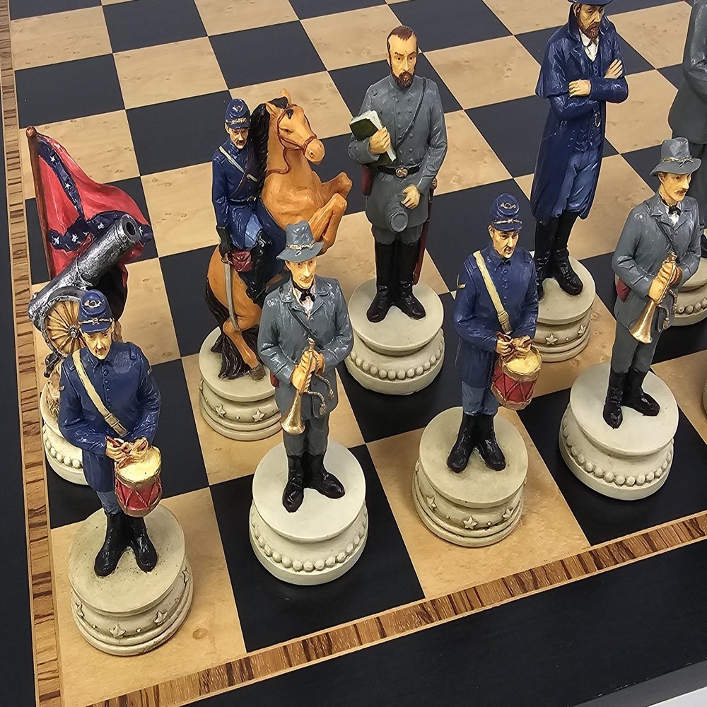 Large 4 1/2 inch King US Civil War Generals Chess Set with 20 1/2 inch Ebony and Maple Wood Board