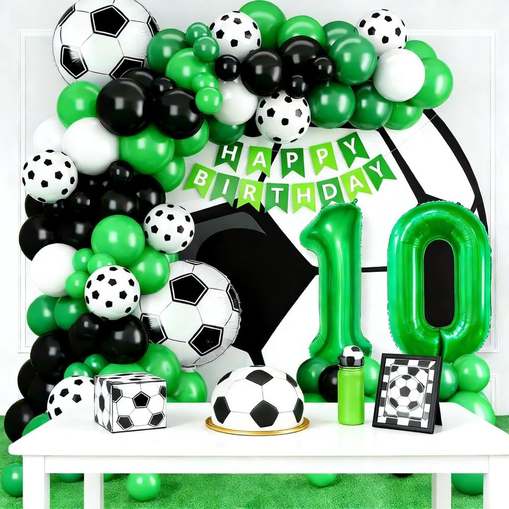 10th Birthday Soccer Balloon Arch, Soccer Garland Kit with Green Number 10 Balloon Football Balloons for Boys Kids Sports Themed Decorations Supplies