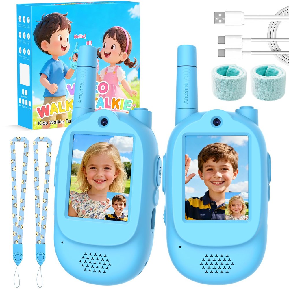 Video Walkie Talkies for Kids, 2 Pack Rechargeable HD Screen Walkies Talkies with 600 FT Outdoor Range, Voice Changer, Watch Straps & Lanyards Camping Trips Gift for Boys Girls Ages 3-12 (Blue)