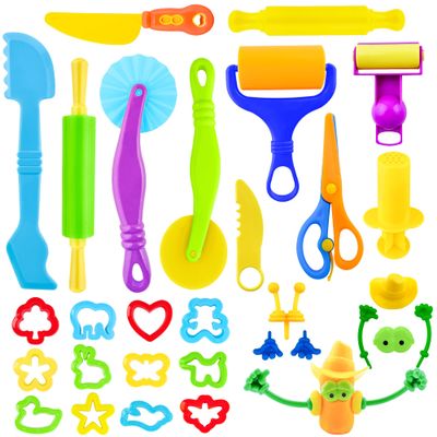 iShyan Dough Tools Play Set for Kids,30 pcs Basic Dough Play Toys with Animal Cutters, Roller, Rolling Pins, Safety Scissors, Plastic Knife,Character Accessories
