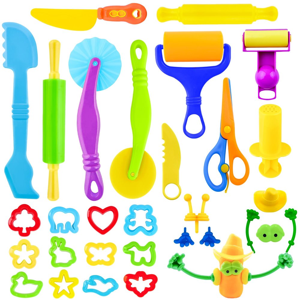 iShyan Dough Tools Play Set for Kids,30 pcs Basic Dough Play Toys with Animal Cutters, Roller, Rolling Pins, Safety Scissors, Plastic Knife,Character Accessories