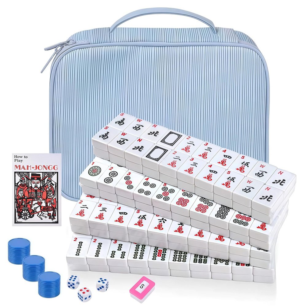 ALRALLI Portable American Mahjong Set, 166 Mahjong Tiles with Carrying Bag, 3 Dice, 40 Chips, Wind Indicator, Instruction Book, Compact Travel Game Set